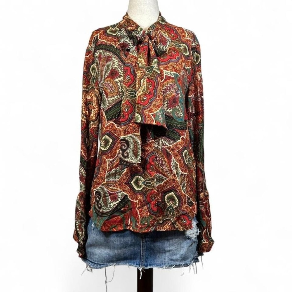NWT Premise Multicolor Floral Paisley‎ Tie Neck Button Up Top Boho Womens M